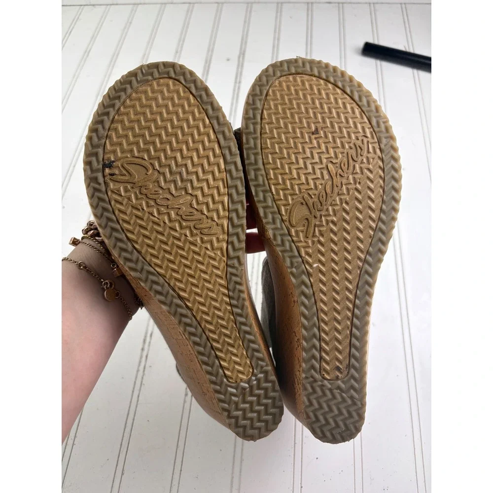 Skechers Rumblers Beverley Taupe Strappy Cork Wedge Sandals Women's Size 9.5